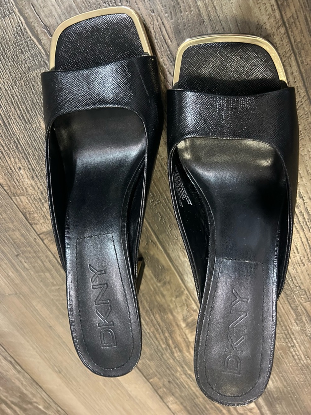 DKNY Black Leather Square-Toe Slide Mules with Gold Accent